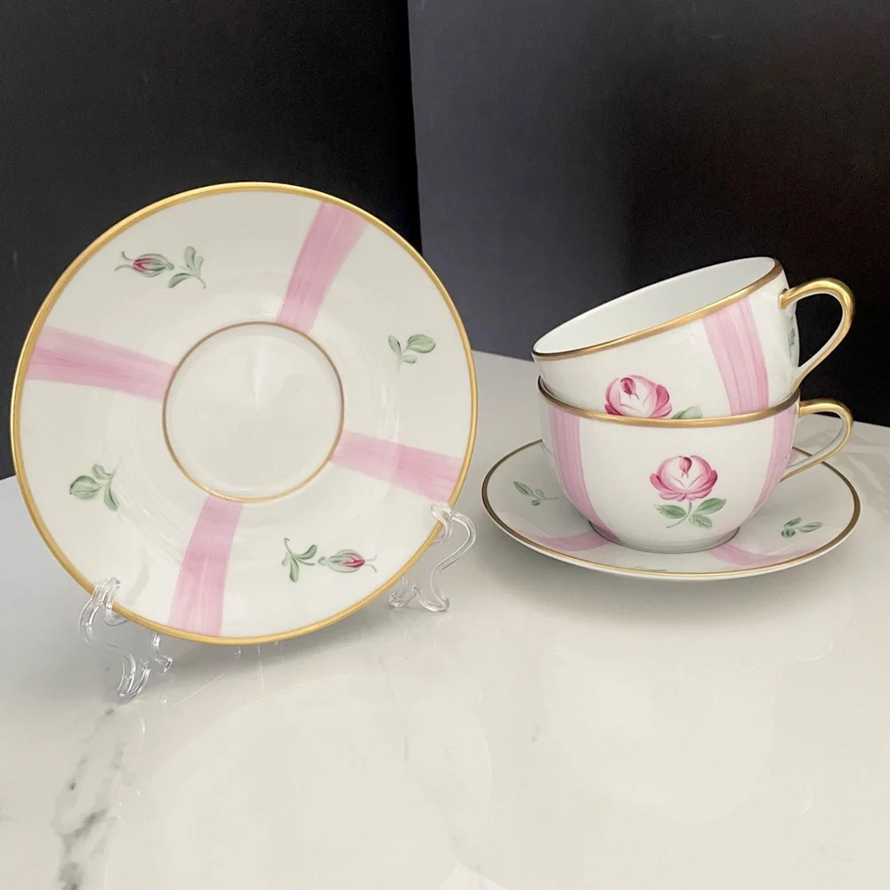 SET of 2 Pink Rose Breakfast Cups & Saucers - Marie Daage Limoges